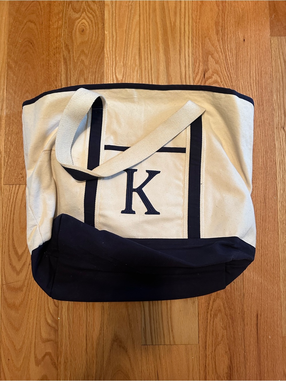 Canvas Initial Tote Bag - Cream & Navy